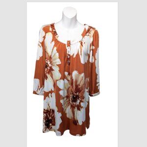 NWOT Susan Graver Jersey Knit Cinnamon Floral Henley Top with Shirring Small